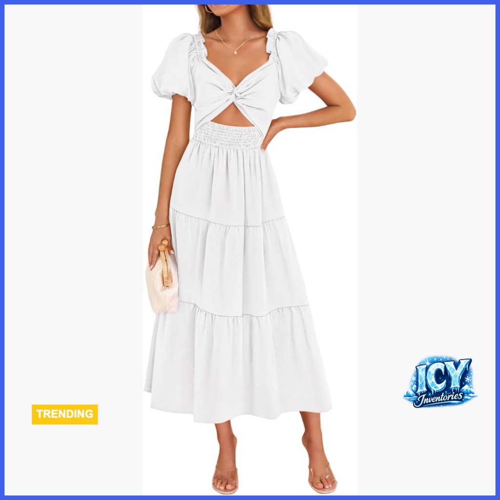 Viscose Polyamide Polyester Maxi Dress With Puff Sleeves And Smocked Cutout